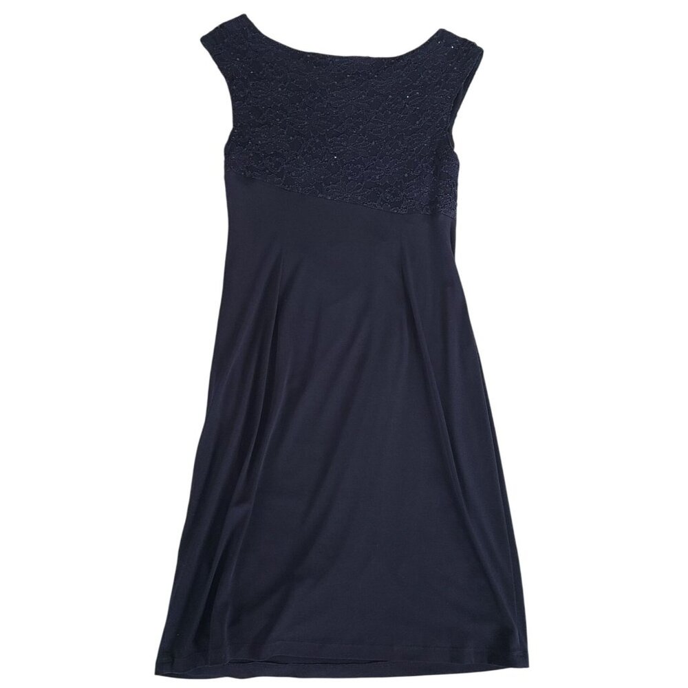 Navy Sequence Eyelash Faux Wrap Cocktail Dress Lace Bodice Sheath Dress Size 10P - Picture 2 of 9